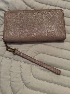 Fossil Glitter Zip Wallet Wristlet in Rose